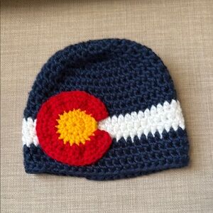 Handmade Colorado Flag Navy Crochet Kids Beanie with Red and Yellow Accent